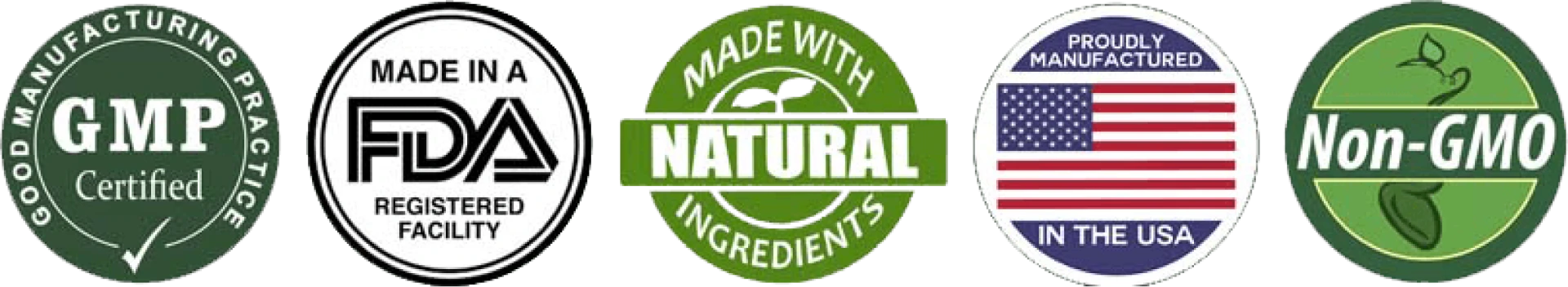 GMP certified, FDA registered facility, natural ingredients, made in USA and Non-GMO badges